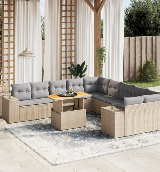 11-tlg. Garten-Sofagarnitur mit Kissen Beige Poly Rattan