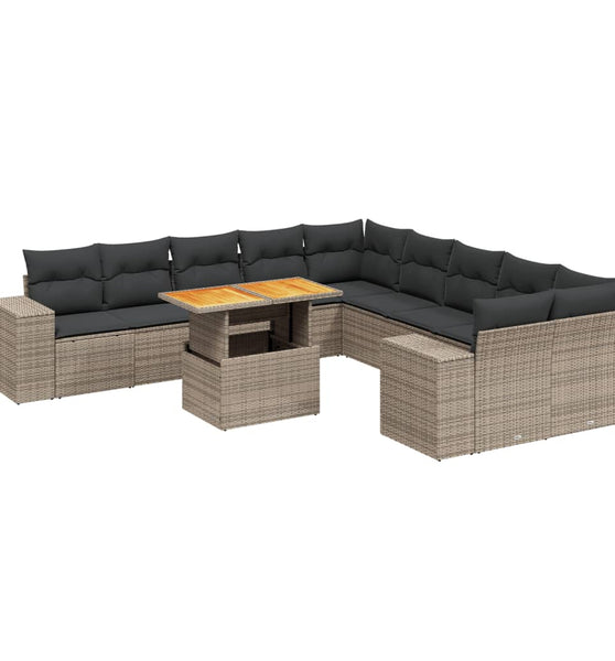 11-tlg. Garten-Sofagarnitur mit Kissen Grau Poly Rattan