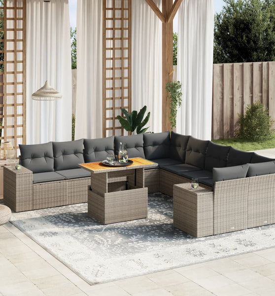 11-tlg. Garten-Sofagarnitur mit Kissen Grau Poly Rattan