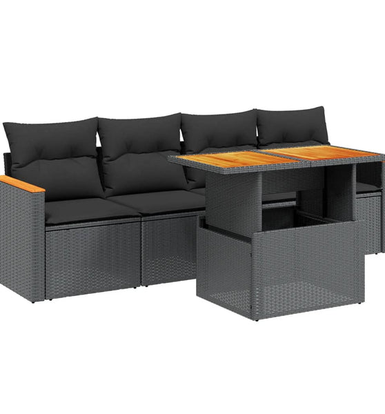 5-tlg. Garten-Sofagarnitur mit Kissen Schwarz Poly Rattan