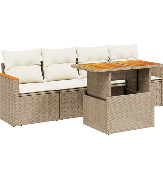 5-tlg. Garten-Sofagarnitur mit Kissen Beige Poly Rattan