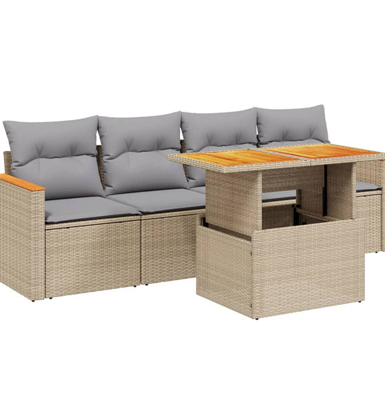 5-tlg. Garten-Sofagarnitur mit Kissen Beige Poly Rattan