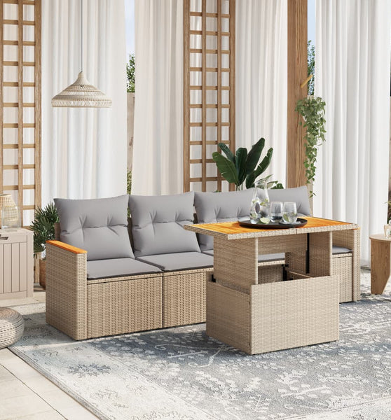 5-tlg. Garten-Sofagarnitur mit Kissen Beige Poly Rattan