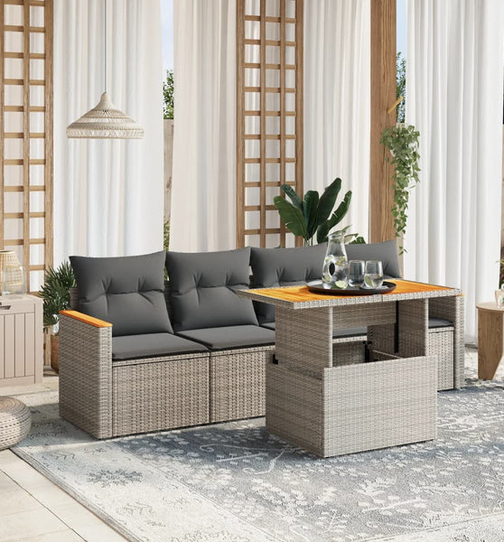 5-tlg. Garten-Sofagarnitur mit Kissen Grau Poly Rattan