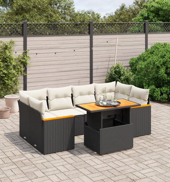 7-tlg. Garten-Sofagarnitur mit Kissen Schwarz Poly Rattan