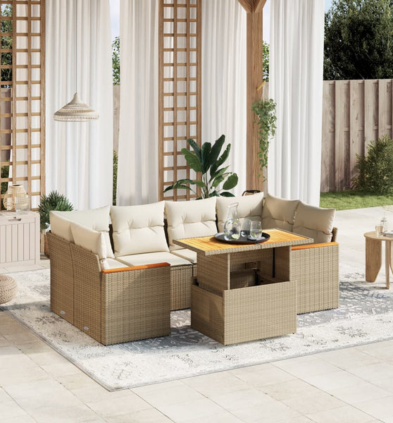 7-tlg. Garten-Sofagarnitur mit Kissen Beige Poly Rattan