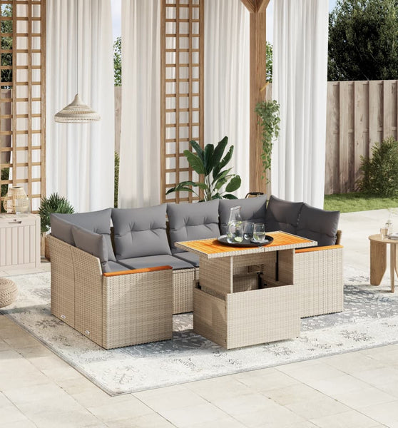 7-tlg. Garten-Sofagarnitur mit Kissen Beige Poly Rattan