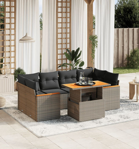 7-tlg. Garten-Sofagarnitur mit Kissen Grau Poly Rattan