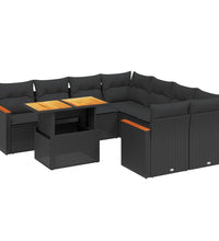 9-tlg. Garten-Sofagarnitur mit Kissen Schwarz Poly Rattan
