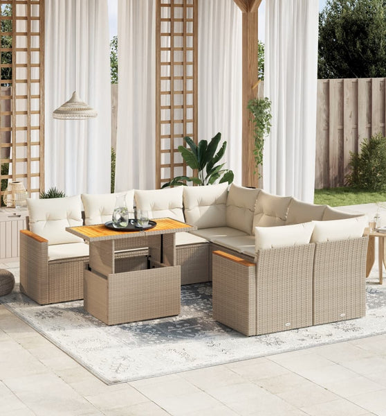 9-tlg. Garten-Sofagarnitur mit Kissen Beige Poly Rattan