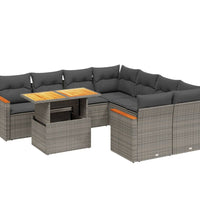 9-tlg. Garten-Sofagarnitur mit Kissen Grau Poly Rattan
