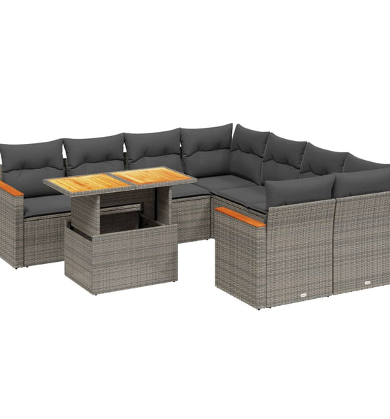 9-tlg. Garten-Sofagarnitur mit Kissen Grau Poly Rattan