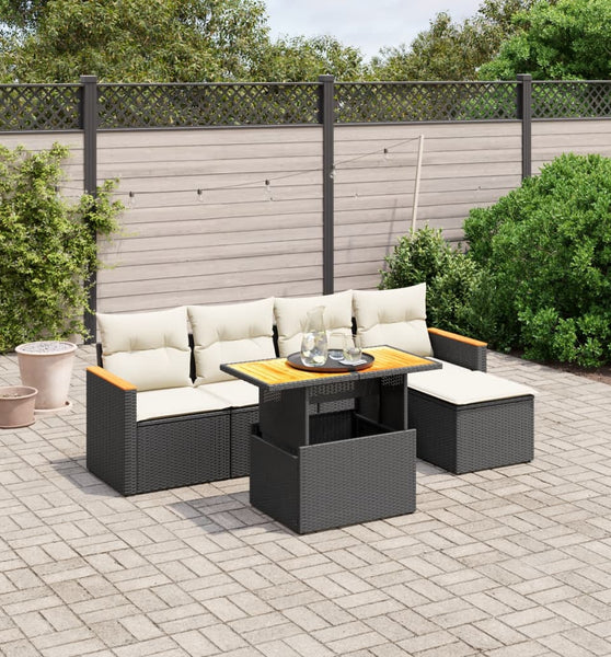 6-tlg. Garten-Sofagarnitur mit Kissen Schwarz Poly Rattan