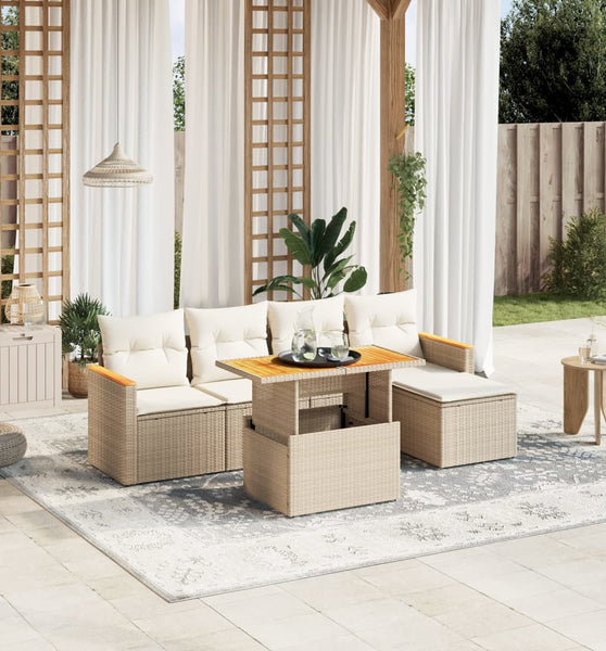 6-tlg. Garten-Sofagarnitur mit Kissen Beige Poly Rattan