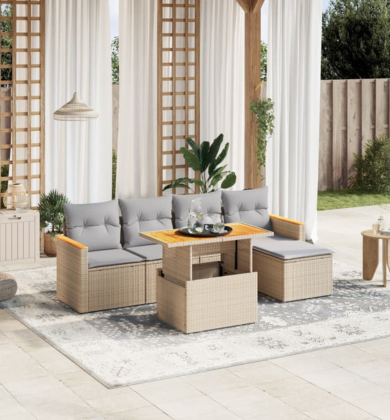 6-tlg. Garten-Sofagarnitur mit Kissen Beige Poly Rattan