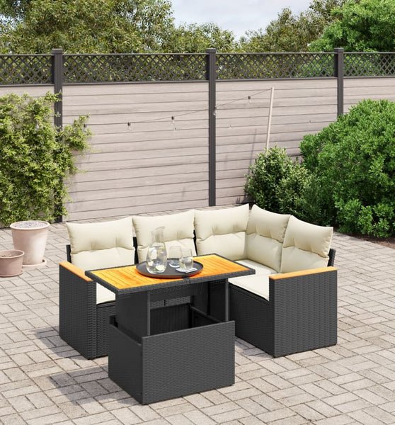 5-tlg. Garten-Sofagarnitur mit Kissen Schwarz Poly Rattan