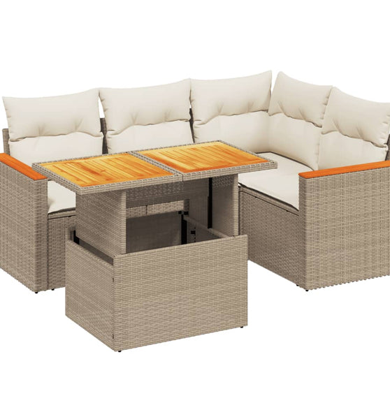 5-tlg. Garten-Sofagarnitur mit Kissen Beige Poly Rattan