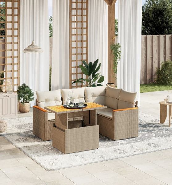 5-tlg. Garten-Sofagarnitur mit Kissen Beige Poly Rattan