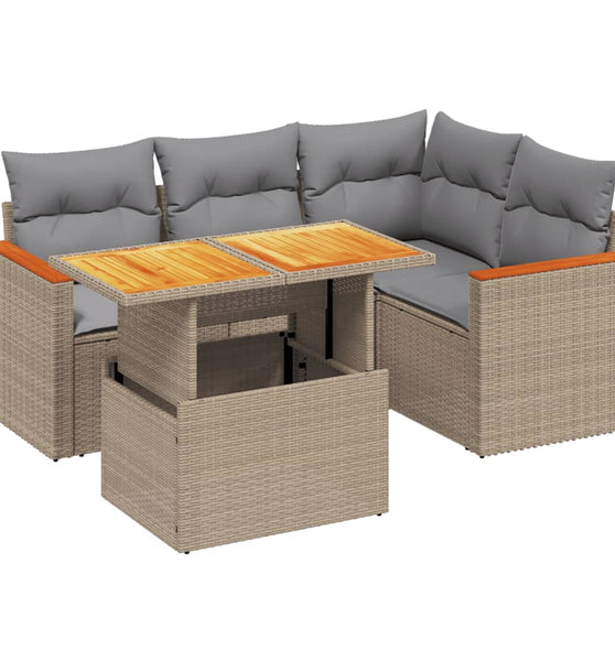 5-tlg. Garten-Sofagarnitur mit Kissen Beige Poly Rattan
