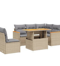 6-tlg. Garten-Sofagarnitur mit Kissen Beige Poly Rattan