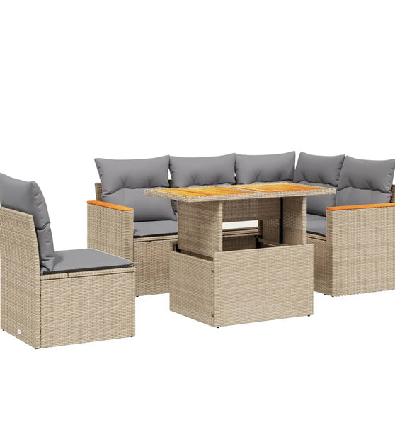 6-tlg. Garten-Sofagarnitur mit Kissen Beige Poly Rattan