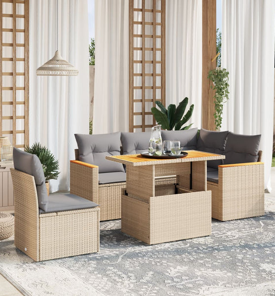 6-tlg. Garten-Sofagarnitur mit Kissen Beige Poly Rattan