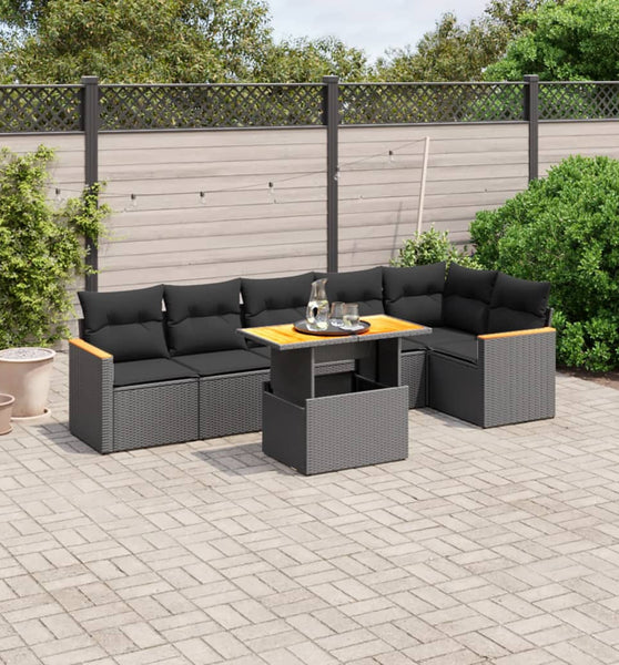 7-tlg. Garten-Sofagarnitur mit Kissen Schwarz Poly Rattan