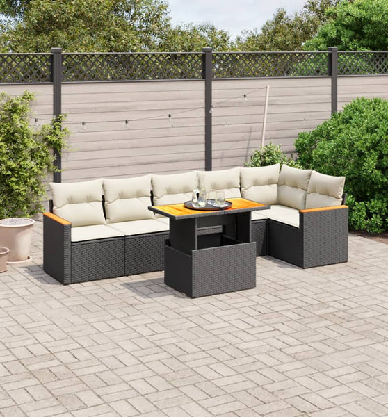 7-tlg. Garten-Sofagarnitur mit Kissen Schwarz Poly Rattan