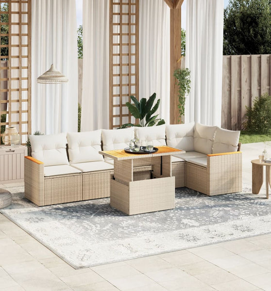 7-tlg. Garten-Sofagarnitur mit Kissen Beige Poly Rattan