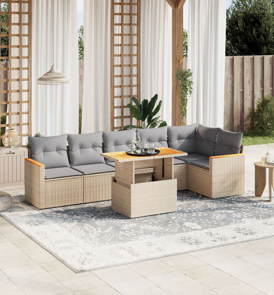 7-tlg. Garten-Sofagarnitur mit Kissen Beige Poly Rattan
