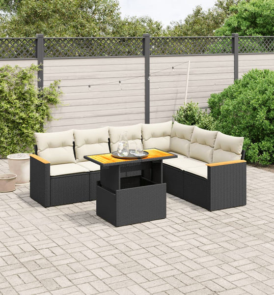 7-tlg. Garten-Sofagarnitur mit Kissen Schwarz Poly Rattan