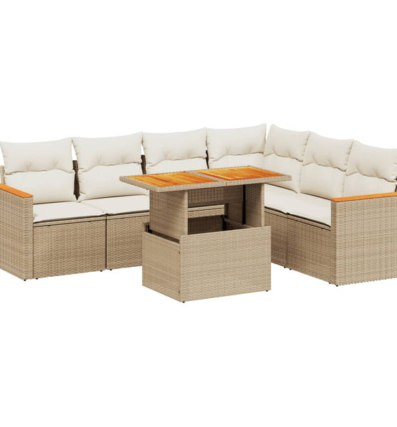 7-tlg. Garten-Sofagarnitur mit Kissen Beige Poly Rattan
