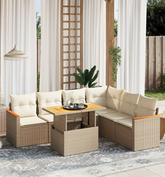 7-tlg. Garten-Sofagarnitur mit Kissen Beige Poly Rattan