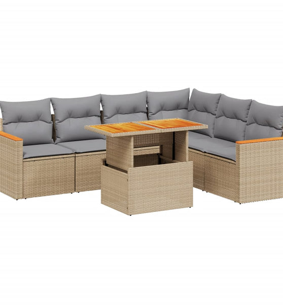 7-tlg. Garten-Sofagarnitur mit Kissen Beige Poly Rattan