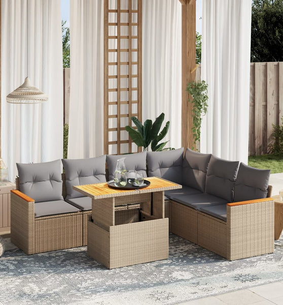 7-tlg. Garten-Sofagarnitur mit Kissen Beige Poly Rattan