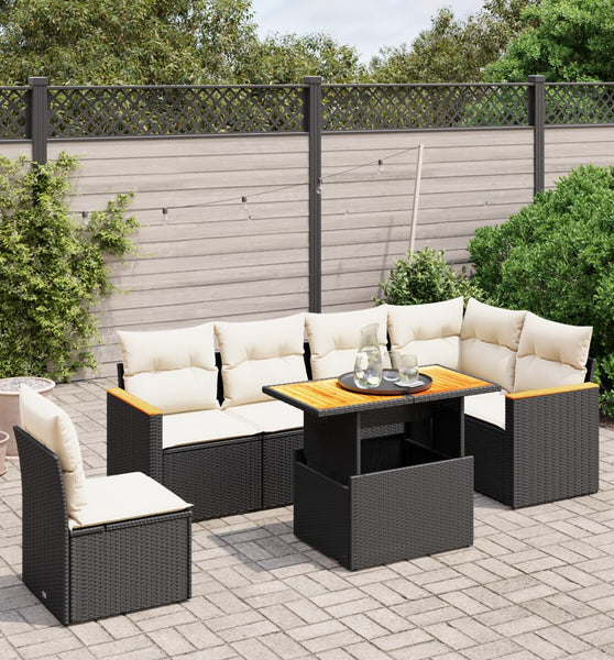 7-tlg. Garten-Sofagarnitur mit Kissen Schwarz Poly Rattan