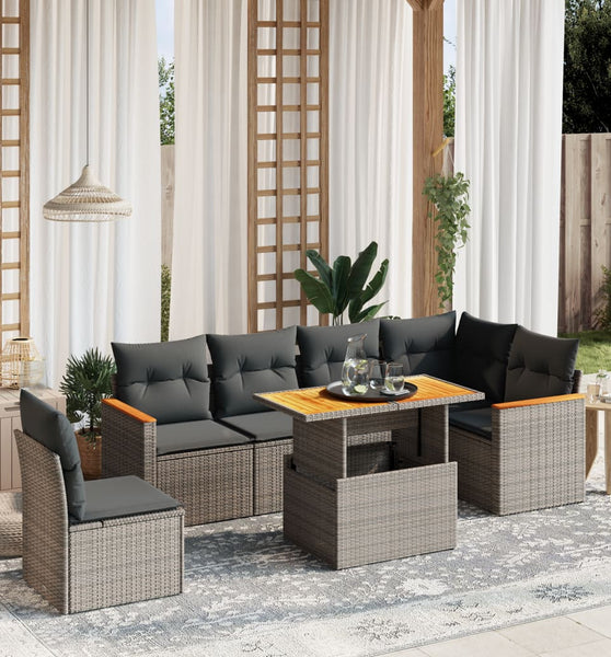7-tlg. Garten-Sofagarnitur mit Kissen Grau Poly Rattan