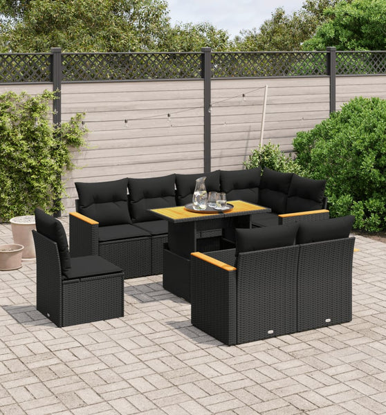 9-tlg. Garten-Sofagarnitur mit Kissen Schwarz Poly Rattan