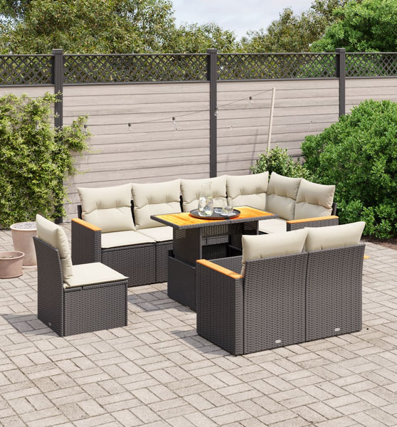 9-tlg. Garten-Sofagarnitur mit Kissen Schwarz Poly Rattan