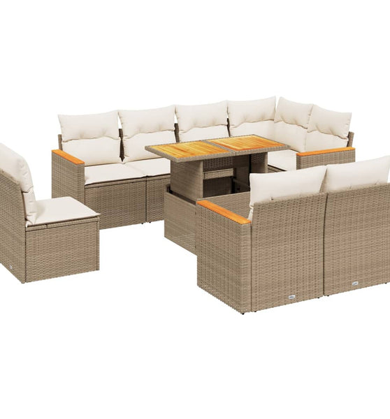 9-tlg. Garten-Sofagarnitur mit Kissen Beige Poly Rattan