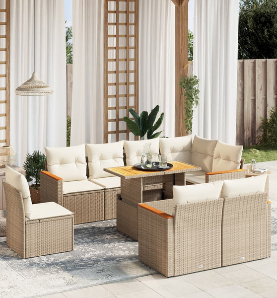 9-tlg. Garten-Sofagarnitur mit Kissen Beige Poly Rattan