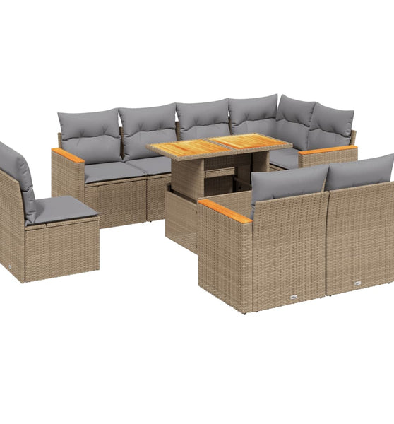 9-tlg. Garten-Sofagarnitur mit Kissen Beige Poly Rattan