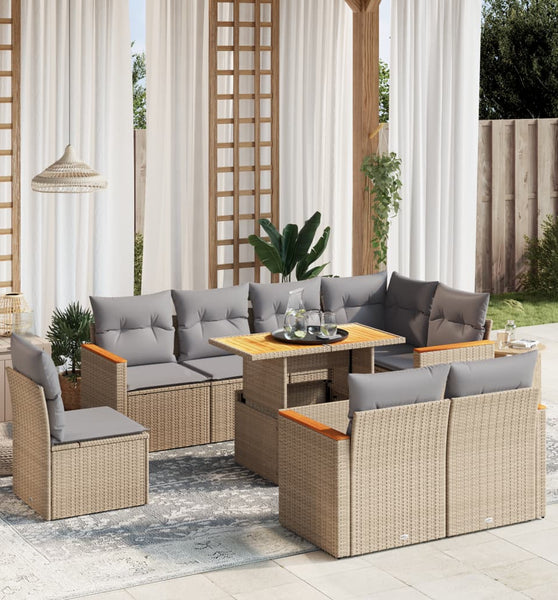 9-tlg. Garten-Sofagarnitur mit Kissen Beige Poly Rattan