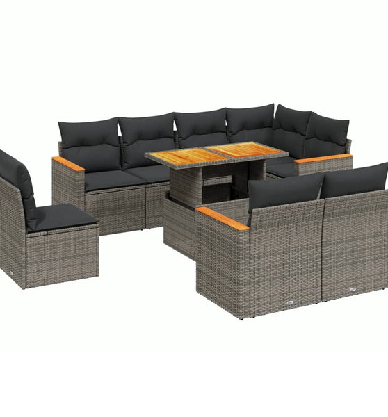9-tlg. Garten-Sofagarnitur mit Kissen Grau Poly Rattan