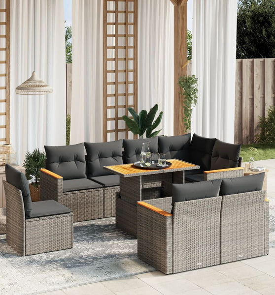 9-tlg. Garten-Sofagarnitur mit Kissen Grau Poly Rattan
