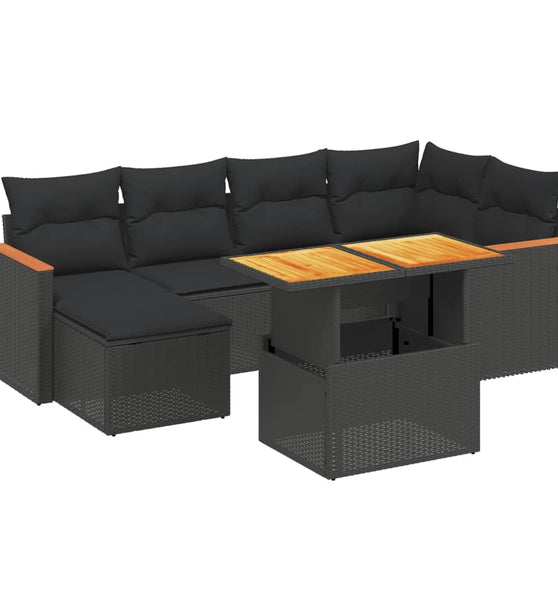 7-tlg. Garten-Sofagarnitur mit Kissen Schwarz Poly Rattan