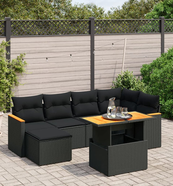 7-tlg. Garten-Sofagarnitur mit Kissen Schwarz Poly Rattan