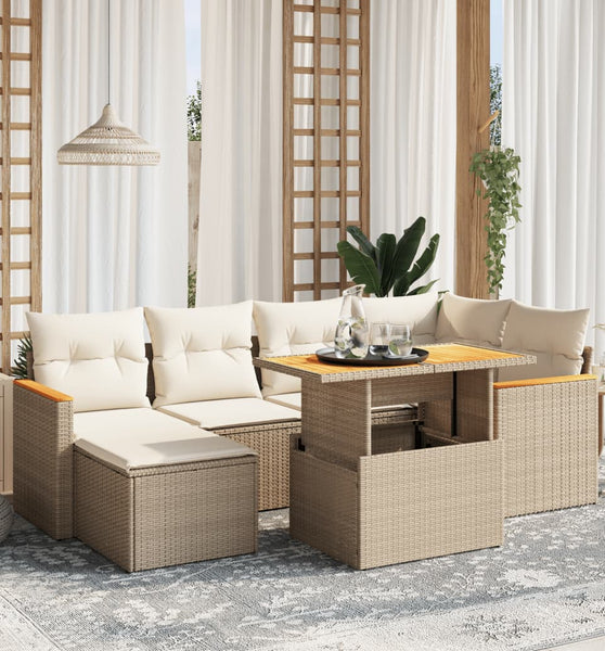 7-tlg. Garten-Sofagarnitur mit Kissen Beige Poly Rattan