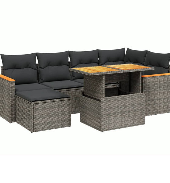 7-tlg. Garten-Sofagarnitur mit Kissen Grau Poly Rattan
