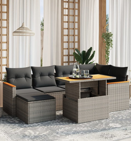 7-tlg. Garten-Sofagarnitur mit Kissen Grau Poly Rattan